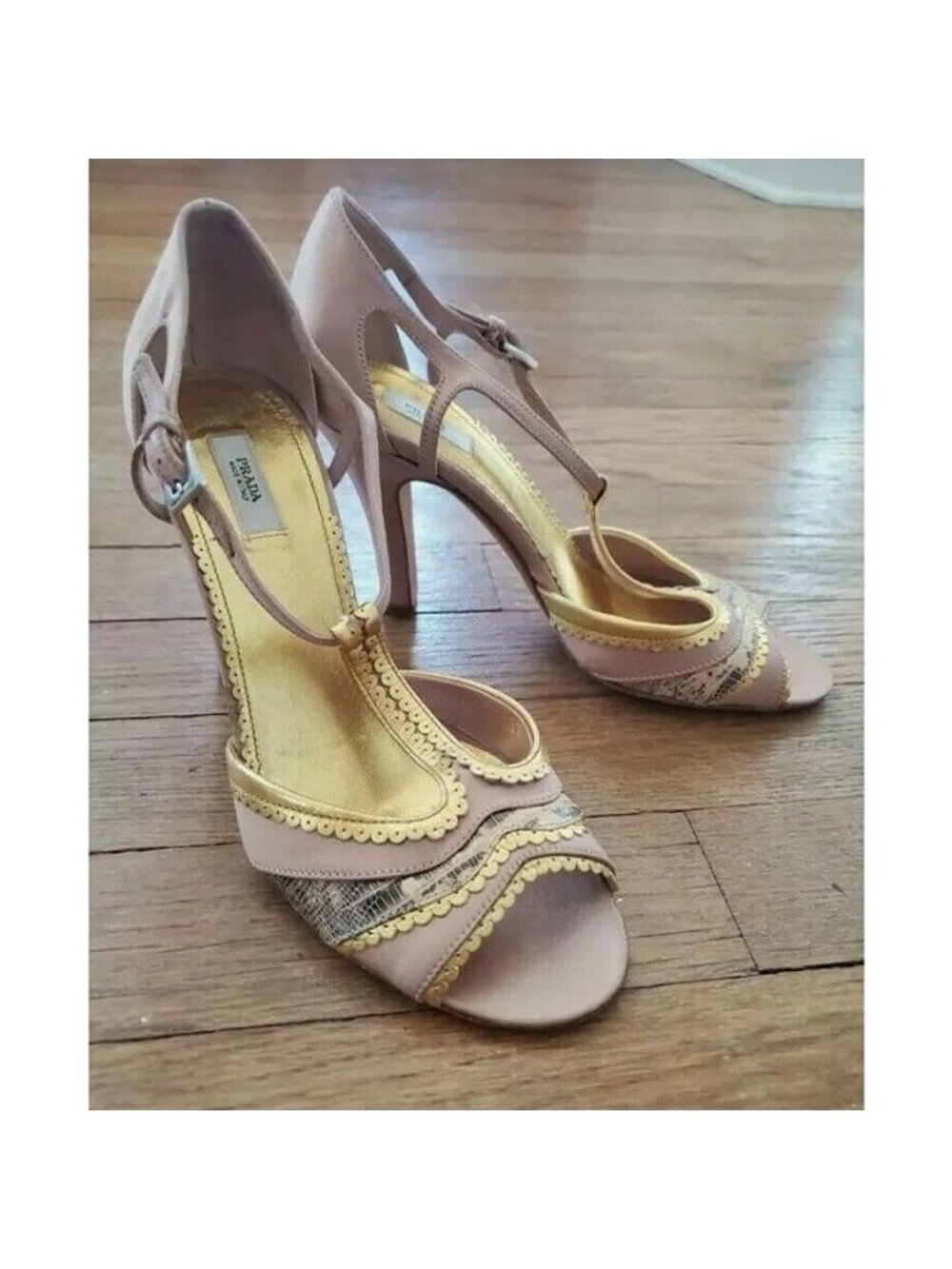 PRADA STRAPPY SANDALS PINK SATIN GOLD PYTHON HEELS EU 35.5 US 6 - Picture 7 of 9